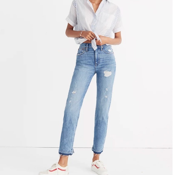 Madewell Classic Straight High Waisted Distressed Light Wash Jeans - Picture 1 of 8